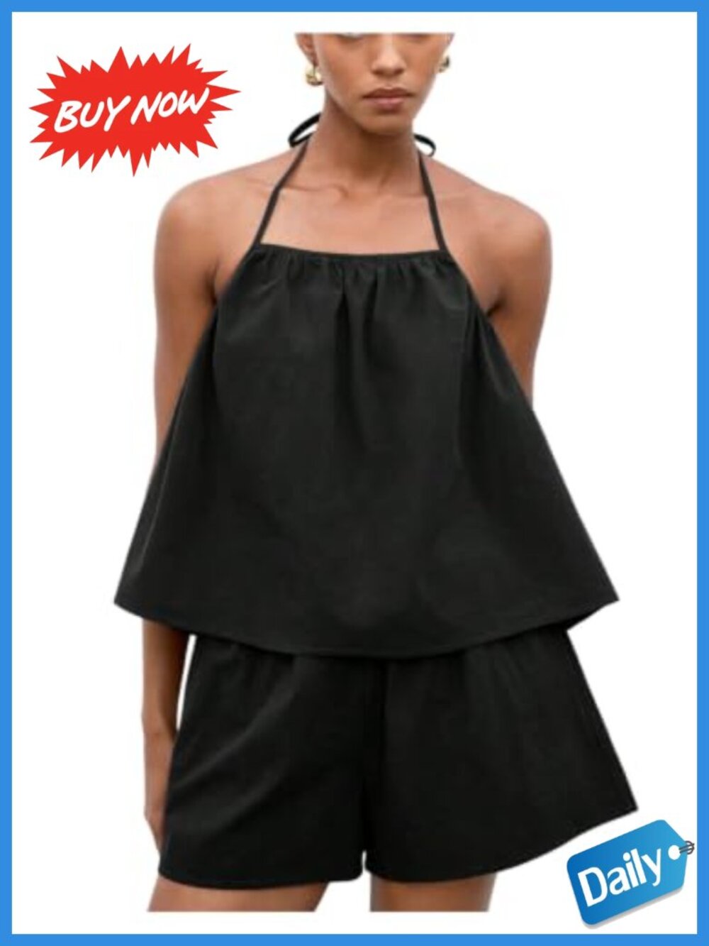 2 Piece Summer Set Sleeveless Halter Top Wide Leg Shorts Pockets